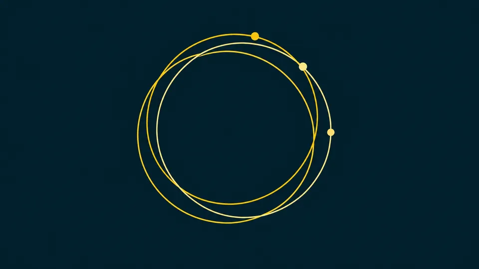 Duotone-illustration af tre forskudte ringe, hvor en lille gul markering sidder et forskelligt sted på hver ring