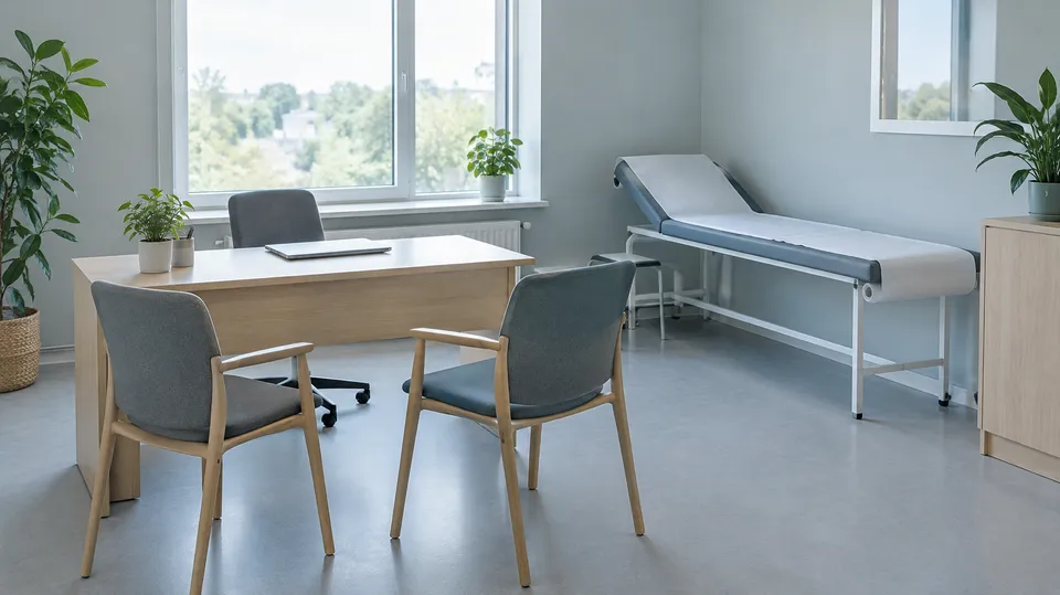 Tomt konsultationsrum hos en læge med skrivebord, to stole og briks i dagslys